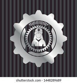 nurse icon inside silver emblem or badge