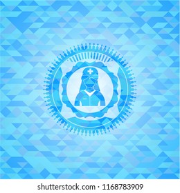 nurse icon inside sky blue emblem with mosaic ecological style background