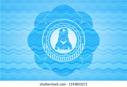 nurse icon inside sky blue water style emblem.