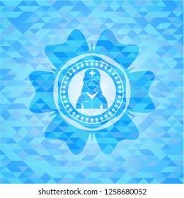 nurse icon inside sky blue emblem with mosaic background