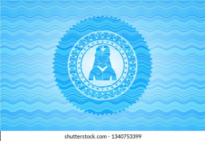 nurse icon inside sky blue water style badge.