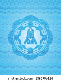 nurse icon inside sky blue water wave emblem.