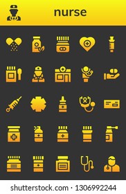 nurse icon set. 26 filled nurse icons.  Collection Of - Medicine, Doctor, Health, Syringe, Nurse, Pharmacy, Vaccine, Clinic, Stethoscope, Veterinarian