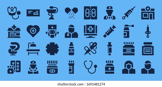 nurse icon set. 32 filled nurse icons. Included Stethoscope, Pharmacy, Medicine, Health, Operating table, Nurse, Surgeon, Clinic, Veterinarian, Medical, Needle, Doctor, Syringe icons