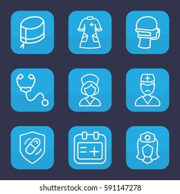 nurse icon. Set of 9 outline nurse icons such as medical mask, doctor, health insurance, stethoscope