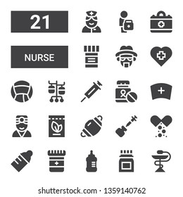 Nurse Icon Set. Collection Of 21 Filled Nurse Icons Included Medicine, Baby Bottle, Vaccine, Dentist Mask, Doctor, Nurse, Iv Pole, Veterinary, Heisenberg, Medical
