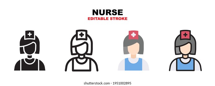 Nurse icon set with different styles. Icons designed in filled, outline, flat, glyph and line colored. Editable stroke and pixel perfect. Can be used for web, mobile, ui and more.