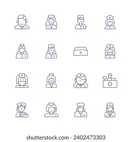 Juego de iconos de enfermería. Icono de línea delgada. Trazo editable. Con soporte, enfermera, gorra, hospital.