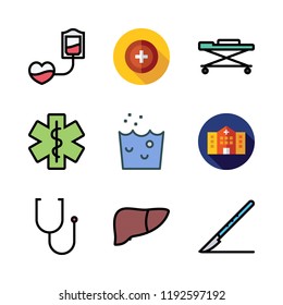 nurse icon set. vector set about health clinic, stretcher, liver and blood transfusion icons set.