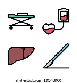 nurse icon set. vector set about scalpel, blood transfusion, stretcher and liver icons set.