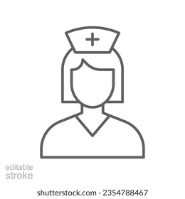 Nurse icon. Simple outline style. Medical assistant, female, woman, medic, doctor, health, medicine, hospital concept. Thin line symbol. Vector isolated on white background. Editable stroke EPS.