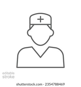 Nurse icon. Simple outline style. Medical assistant, male, man, medic, doctor, health, medicine, hospital concept. Thin line symbol. Vector isolated on white background. Editable stroke EPS.