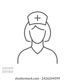 Icono de enfermera. Estilo de contorno simple. Médico, mujer, personas, mujer, niña, médico, salud, médico, personal médico, concepto de hospital. Símbolo de línea fina. Ilustración vectorial aislada. Trazo editable.