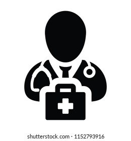 Nurse icon vector male person profile avatar with Stethoscope and first aid kit bag for medical Consultation in Glyph Pictogram illustration