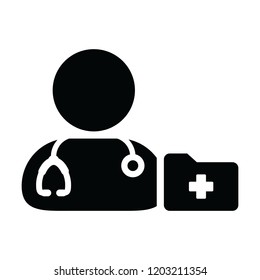 Nurse icon vector male person profile avatar with stethoscope and medical report folder for medical consultation in Glyph pictogram illustration