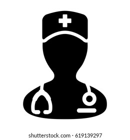 Nurse Icon - Vector Medical Assistant with Stethoscope and Cap for Health Care Services in Glyph Pictogram illustration
