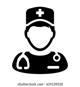 Nurse Icon - Vector Medical Assistant With Stethoscope And Cap For Health Care Services In Glyph Pictogram Illustration
