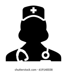 Nurse Icon - Vector Medical Assistant with Stethoscope and Cap for Health Care Services in Glyph Pictogram illustration