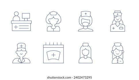 Pflegesymbole. Bearbeitbarer Strich. Mit Rezeption, Krankenschwester, Pflegepersonal.