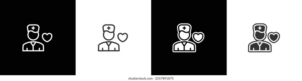Nurse icons, Pharmacy icons, medicine, healthcare, community service icons, Medicine and Health Services in flat and linear shapes on black, white and transparent backgrounds.