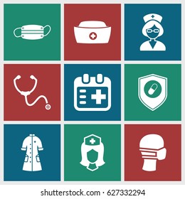 Nurse icons set. set of 9 nurse filled icons such as medical mask, health insurance, stethoscope