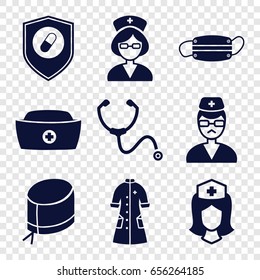 Nurse icons set. set of 9 nurse filled icons such as doctor, health insurance, stethoscope