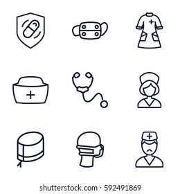 nurse icons set. Set of 9 nurse outline icons such as medical mask, doctor, health insurance