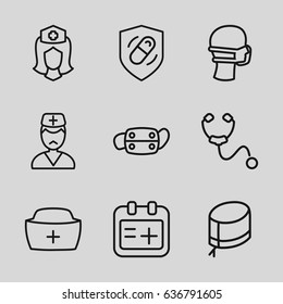 Nurse icons set. set of 9 nurse outline icons such as medical mask, doctor, health insurance, stethoscope