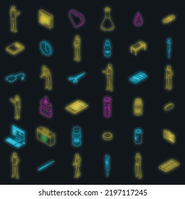Iconos de enfermería establecidos. Conjunto isométrico de iconos vectoriales de enfermería color de neón en negro