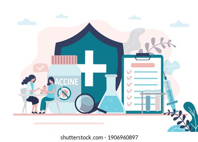 Nurse inject coronavirus vaccine to small child. Vaccination to protect people from covid-19. Concept of healthcare and medicine. Different medical equipment on background. Flat vector illustration
