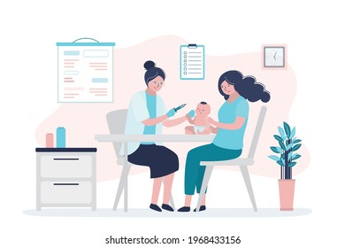 Nurse inject coronavirus vaccine to small child. Mom with baby on medical exam. Vaccination to protect people. Concept of healthcare and medicine. Hospital room interior. Flat vector illustration