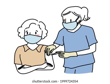 Nurse Injecting Senior Woman With A Dose Of Vaccine. Mature Patient Receiving A Shot Of Vaccine. Healthcare Worker With Face Mask Giving Patient A Dose Of Vaccine. Elderly People Getting Vaccine.