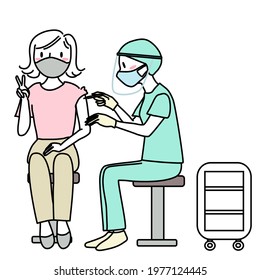 Nurse injecting young woman with a dose of vaccine. Happy female patient  showing victory sign while receiving a shot of vaccine from nurse. Healthcare worker giving girl patient a dose of vaccine.