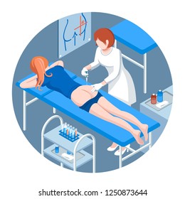 Nurse injects intramuscularly with a syringe to a woman in a medical ward on a couch next to test tubes