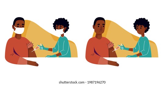 A Nurse Injects A Syringe Into A Black Male Patient With Covid-19. Coronavirus Vaccine. Set Of A Man And A Woman In A Clinic With A Mask And Without A Mask. Vector Illustration. 