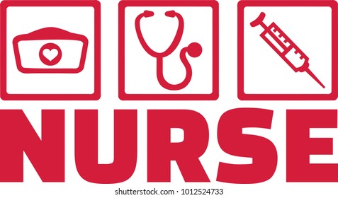 Nurse job icons with job title and hat, stethoscope and injection