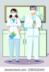 Nurse and Laboratory Assistant. Scientists Young professionals in masks conducting research in a lab, science laboratory. Vector flat Illustration. Work, white coat