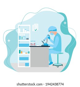 A nurse in a laboratory is sitting at a table looking through a microscope. Medical analyzes vector illustration.