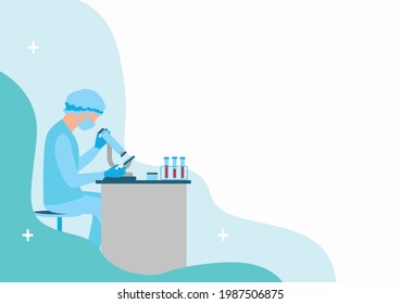 Una enfermera en un laboratorio está sentada en una mesa mirando a través de un microscopio. El análisis médico analiza la ilustración vectorial.