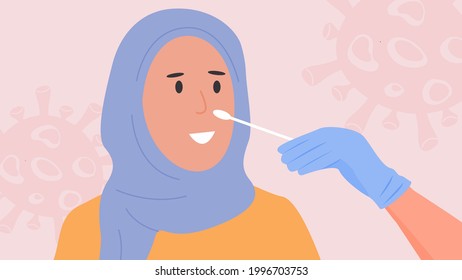 A nurse in latex gloves takes nasal swab test. Covid-19 PCR test. Muslim Woman in hijab doing Coronavirus testing by doctor. Vector Illustration in flat style.