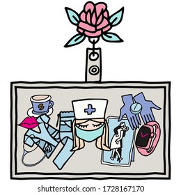 Nurse lifestyle icons - face mask, rubber gloves, pills, kit, stethoscope, coffee etc. concluded in a nurse badge. Isolated color doodle hand drawn vector stock illustration. Nurse life concept. 