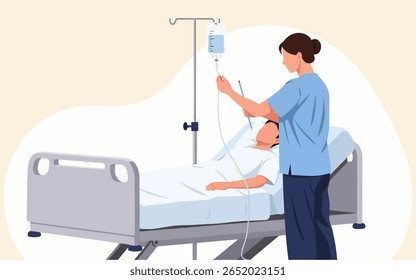 Uma enfermeira em um uniforme azul claro ajuda um paciente deitado em uma cama de hospital, com um gotejamento IV. A cena é retratada em um estilo simples e plano.