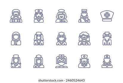 Conjunto de iconos de la línea Enfermera. Trazo editable. Ilustración vectorial. Con enfermeras, doctoras, mujeres.