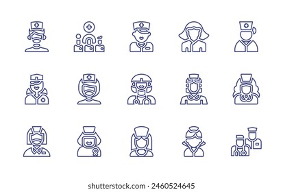Krankenpflegelinie-Symbolsatz. Bearbeitbarer Strich. Vektorillustration. Enthaltendes medizinisches Team, Krankenschwester, Frau.