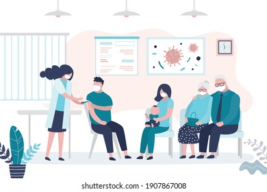 Nurse makes injection of flu vaccine to man. Masked people wait in line for coronavirus vaccine. Elderly patients came for vaccination. Concept of healthcare and prevention. Flat vector illustration