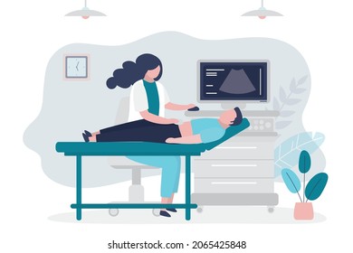 Nurse makes ultrasound scan to patient. Male character came to clinic for ultrasound of abdominal cavity. Medical office interior. Doctor uses medical equipment for procedure. Flat vector illustration