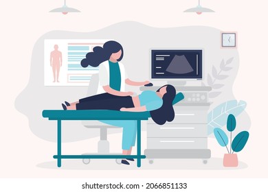 Nurse makes ultrasound scan to patient. Female character came to clinic for ultrasound of abdominal cavity. Medical office interior. Doctor uses medical equipment for procedure. Vector illustration