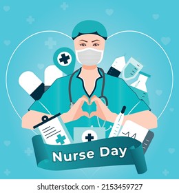 Nurse Making Heart With Hand Vector Illustration With Medical Icons