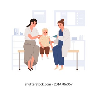 Nurse making vaccine injection to child in hospital. Vaccination of kid. Kid with mother and doctor during anti-virus syringe shot. Colored flat vector illustration isolated on white background