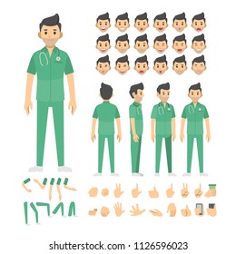 nurse man character set. Full length. Different view, emotion, gesture.
